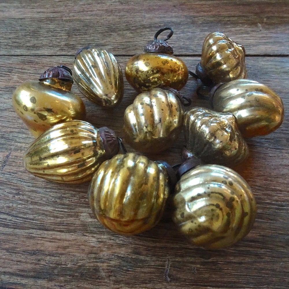 Vintage Style Mercury Glass Small Distressed Golden Christmas Holiday Ornaments
